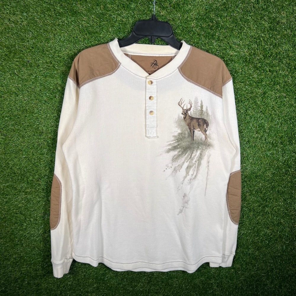 Legendary‎ Whitetails Mens Medium Cream Waffle Knit Henley Buck Graphic Shirt